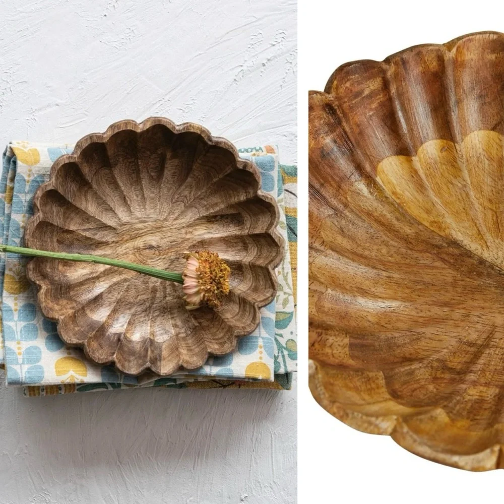 NEW West Elm Large Natural Wood Carved Scalloped Decorative Bowl Centerpiece 8